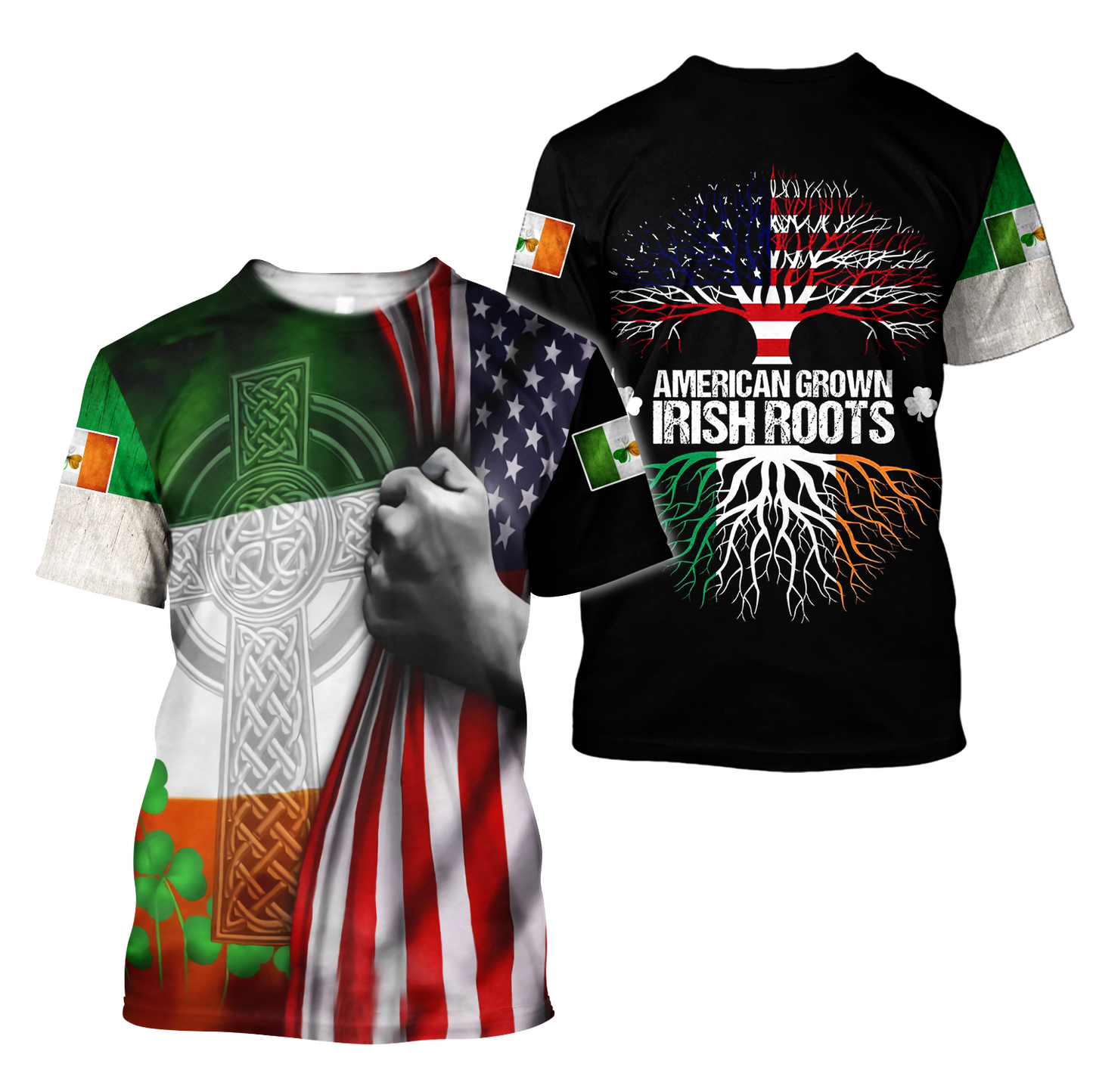 3D Print American Grown Irish Roots Tree Flag Saint Patrick's Day Shirt, Irish Shirt, USA Flag Shirt PO0294