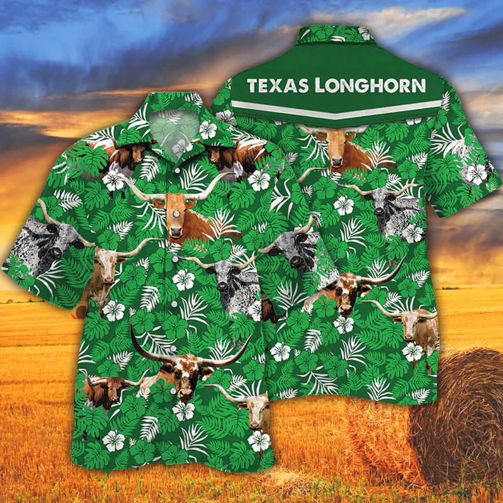 Tx Longhorn Cattle Lovers Green Floral Pattern Hawaiian Shirt, Cow men's Hawaiian shirt - Vintage Farm Hawaiian Shirts HO2540