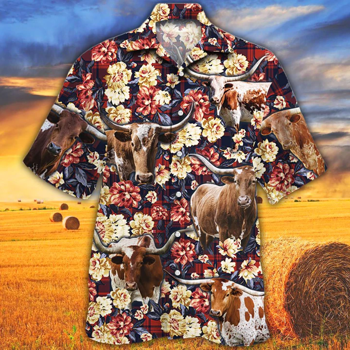 Tx Longhorn Cattle Red Plaid Pattern Hawaiian Shirt, Cow Hawaiian Shirt Men, Summer Hawaiian shirt, Animal shirt HO2524