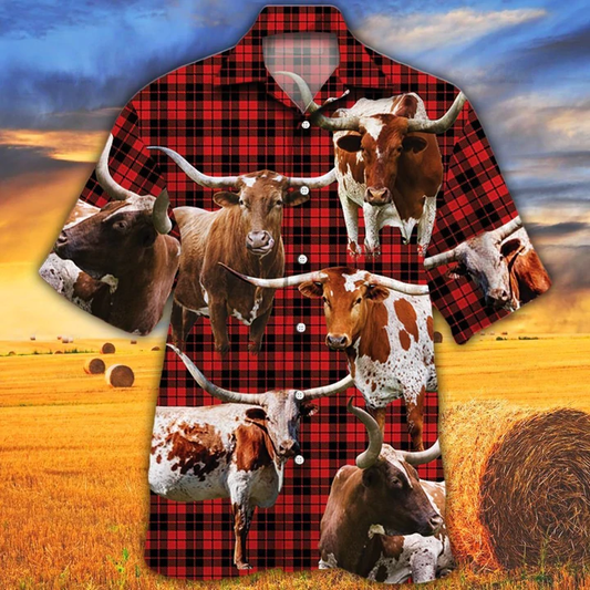 Tx Longhorn Cattle Lovers Red Tartan Pattern Hawaiian Shirt , Cow Aloha Shirt, Gift For Cow Lovers HO2591