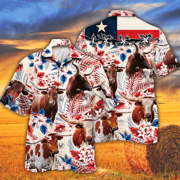 Tx Longhorn Cattle Lovers Texas Flag Hawaiian Shirt, Cow Hawaiian shirt vintage flower, Hawaiian shirt men, Hawaiian shirt women HO2621