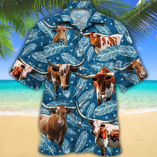 TX Longhorn Cattle Lovers Blue Feather Hawaii Hawaiian Shirt HO2248