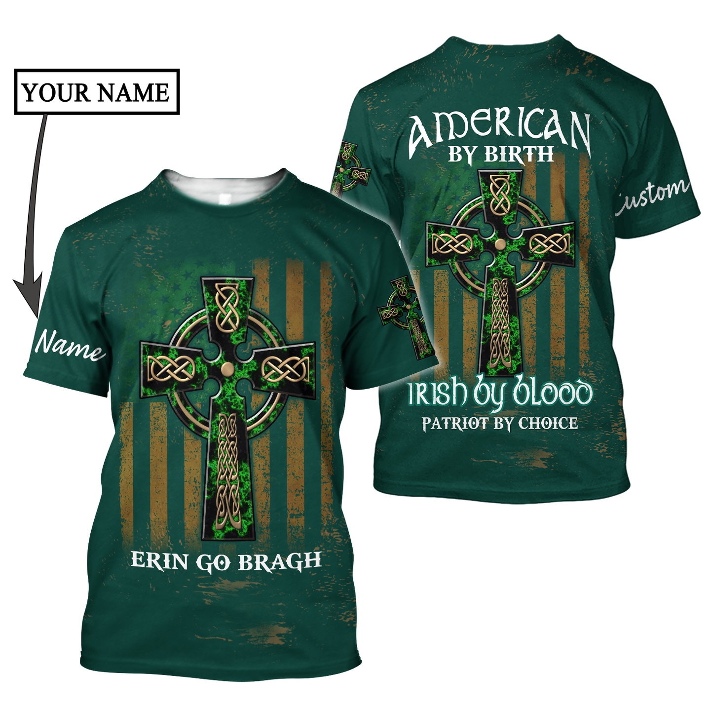 Custom Name Celtic Cross Flag American Erin Go Bragh Shirt, Personalized St Patrick's Day 3D Shirt PO0306