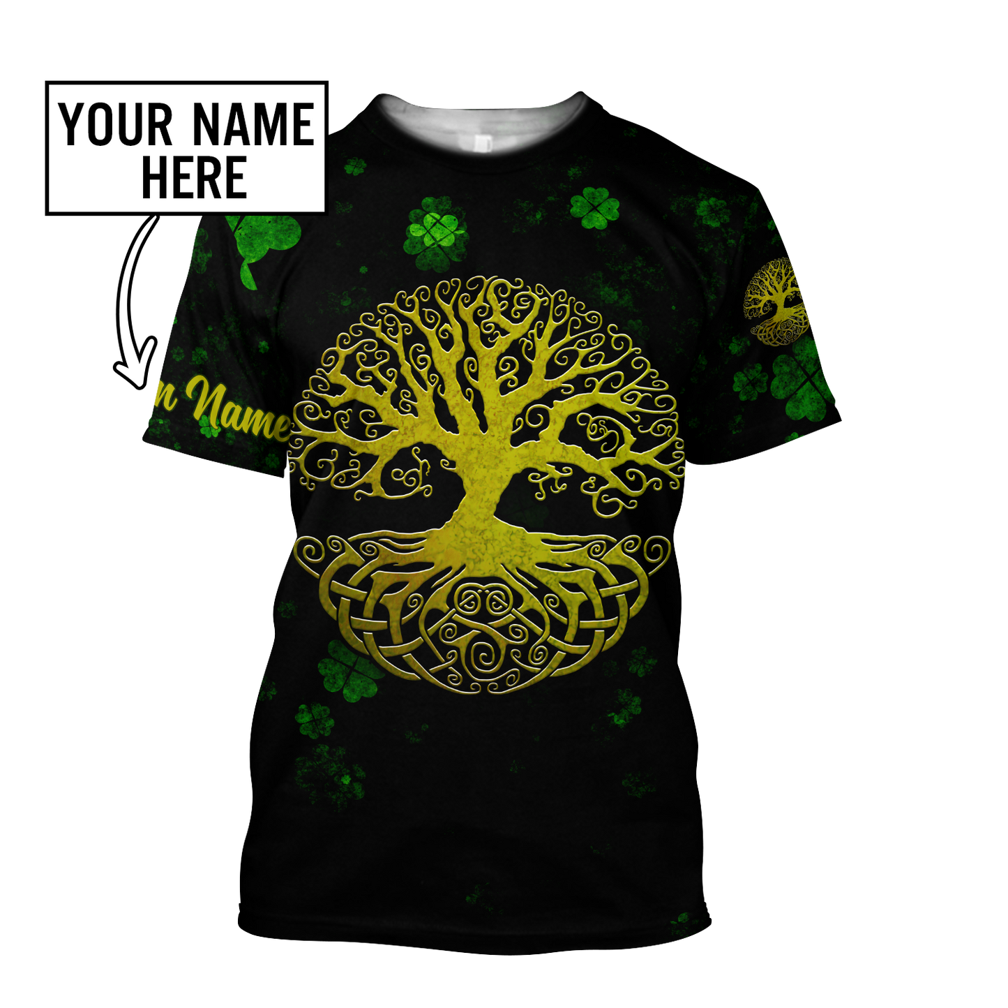 3D All Over Print Irish Tree Of Life Golden, Custom Name St Patrick's Day Pattern Shamrock 3D Shirt PO0302