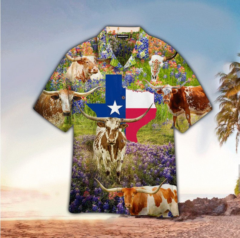 Texas Cow In Bluebonnet Field Hawaiian Shirt, Hawaii Shirt Men, Aloha Shirt HO2258