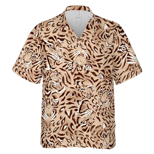 Hawaiian Camp Collar Short Sleeve Button-Down Shirt Tiger Faces, Tiger Hawaiian Shirts HO4975