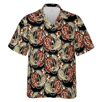 Hawaiian Camp Collar Short Sleeve Button-Down Hawaii Aloha Beach Shirt Tiger Faces HO4965