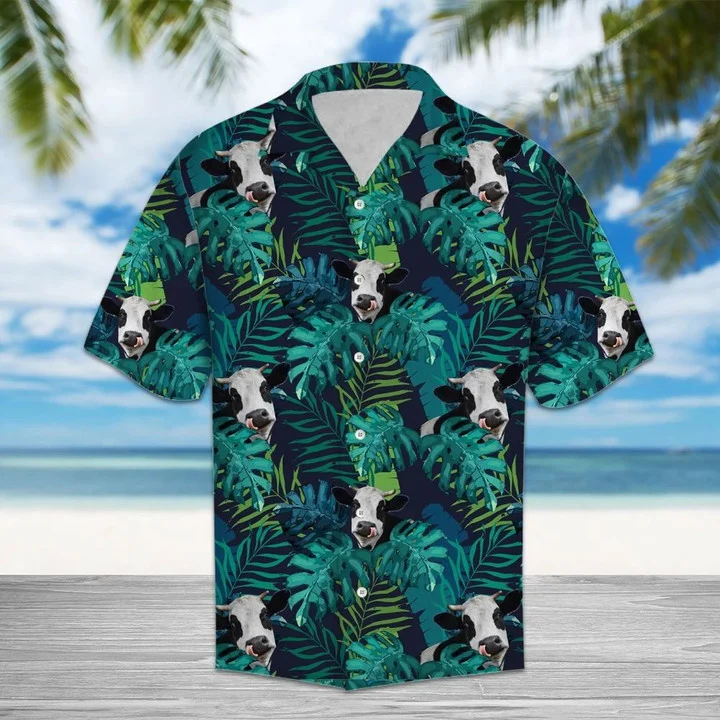 Tropical Cow Lost In Palm Leaves Jungle Summer Vacation Themed Hawaiian Shirt HO1790