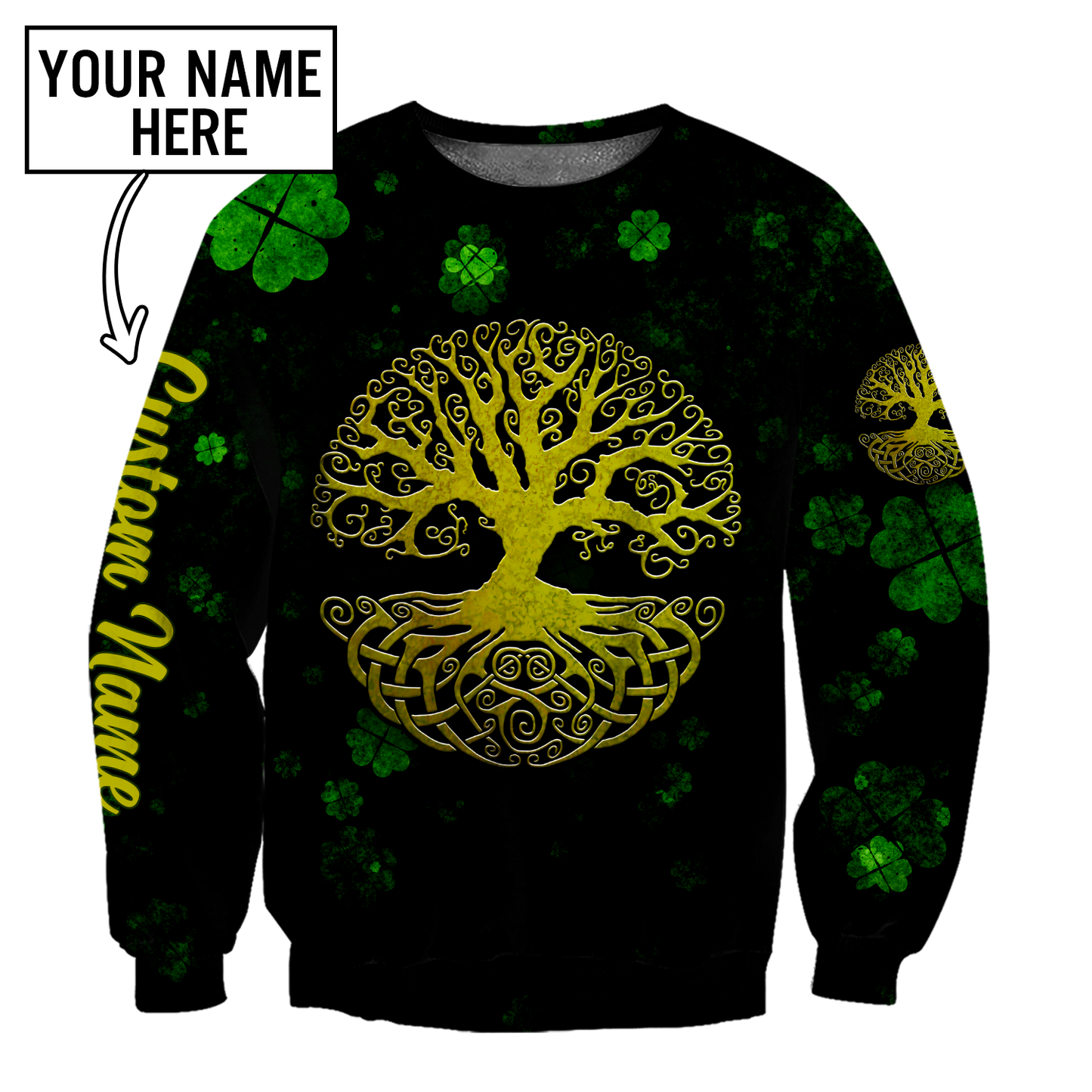 3D All Over Print Irish Tree Of Life Golden, Custom Name St Patrick's Day Pattern Shamrock 3D Shirt PO0302