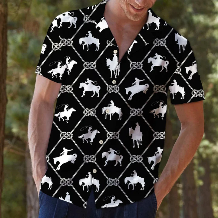 White Cowboy Riding Horse In Black Hawaiian Shirt HO1741