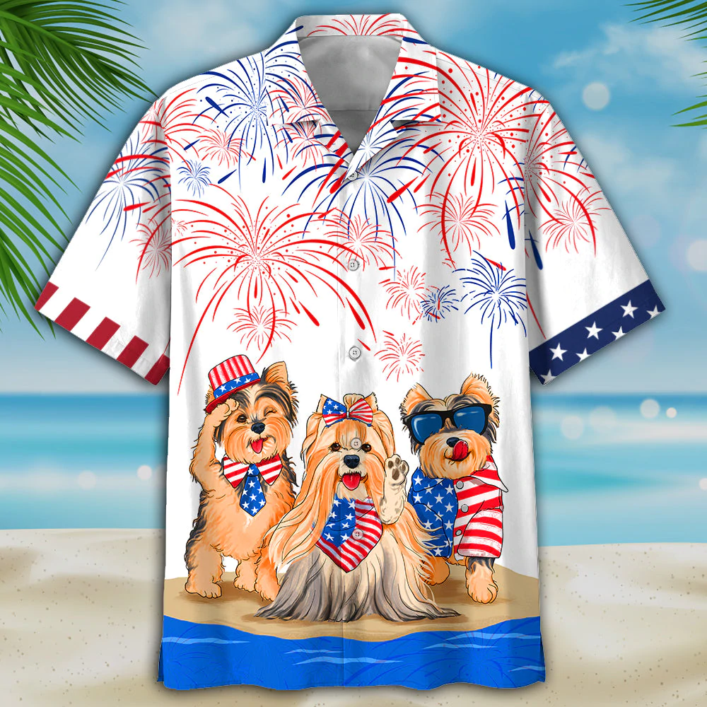 Yorkshire Terrier Independence In Comping, Men's USA Patriotic Hawaiian Shirt HO0732