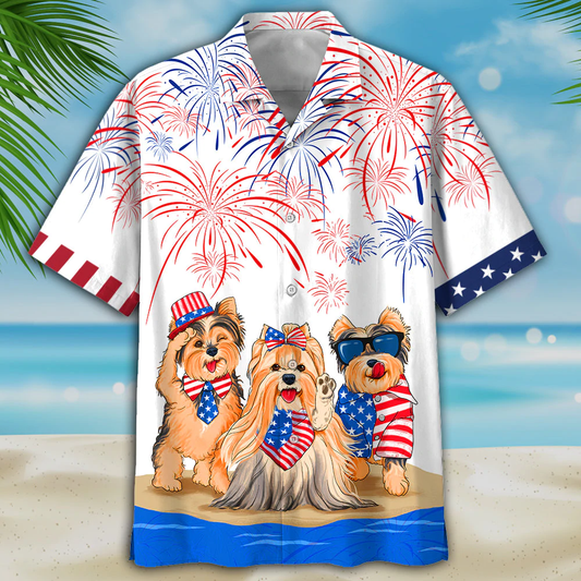 Yorkshire Terrier Independence In Comping, Men's USA Patriotic Hawaiian Shirt HO0732