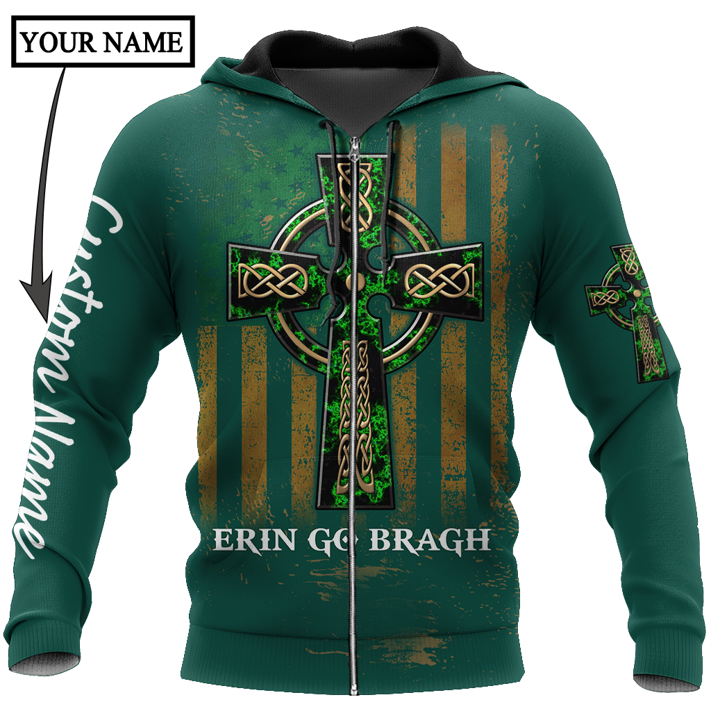 Custom Name Celtic Cross Flag American Erin Go Bragh Shirt, Personalized St Patrick's Day 3D Shirt PO0306