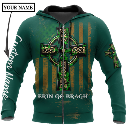 Custom Name Celtic Cross Flag American Erin Go Bragh Shirt, Personalized St Patrick's Day 3D Shirt PO0306