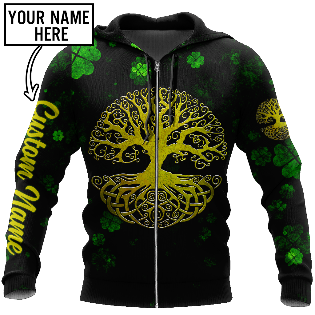 3D All Over Print Irish Tree Of Life Golden, Custom Name St Patrick's Day Pattern Shamrock 3D Shirt PO0302