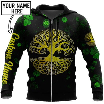 3D All Over Print Irish Tree Of Life Golden, Custom Name St Patrick's Day Pattern Shamrock 3D Shirt PO0302