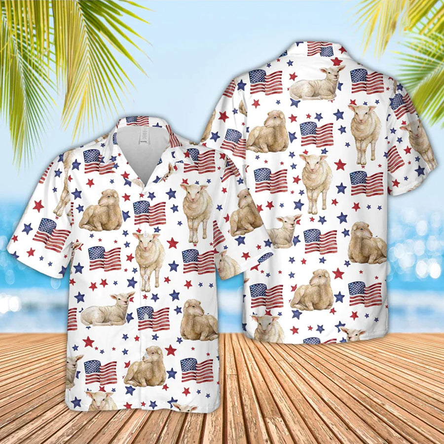 Sheep American Flag Pattern Hawaiian Shirt, funny Sheep hawaiian shirt, 4th of july hawaiian shirt HO3517