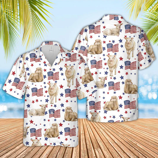 Sheep American Flag Pattern Hawaiian Shirt, funny Sheep hawaiian shirt, 4th of july hawaiian shirt HO3517