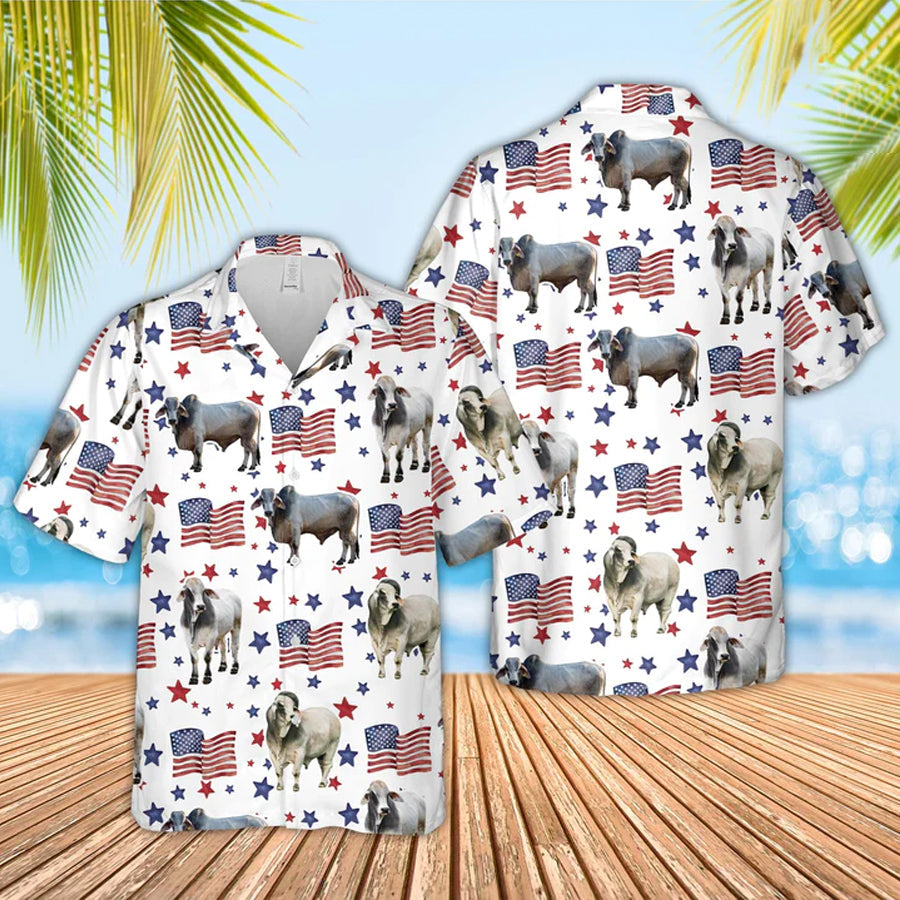 Brahman American Flag Pattern Hawaiian Shirt, funny cow hawaiian shirt, 4th of july hawaiian shirt HO3515