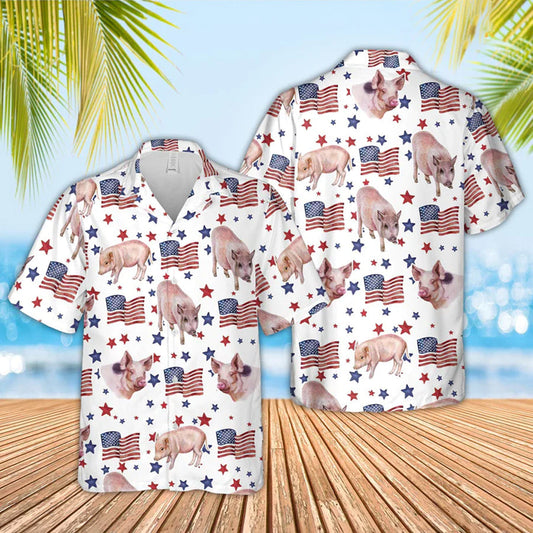 Pig American Flag Pattern Hawaiian Shirt, funny pig hawaiian shirt, 4th of july hawaiian shirt HO3516