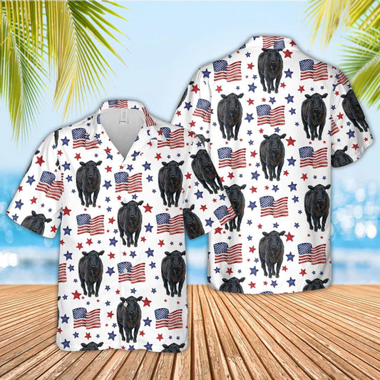 Black Angus American Flag Pattern Hawaiian Shirt, funny cow hawaiian shirt, 4th of july hawaiian shirt HO0032