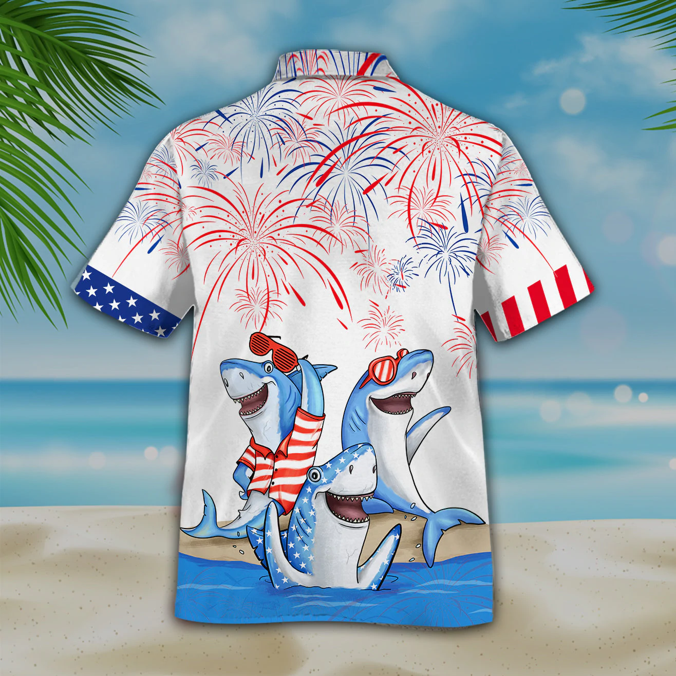 Men's 4th of july Shark hawaiian shirt - Independence Day hawaiian shirt, USA Patriotic Hawaiian Shirt HO0713