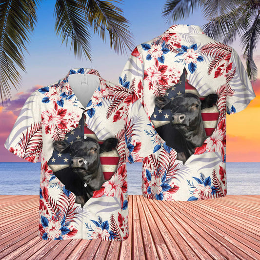 Black Angus Face Hibiscus Flower All Over Printed 3D Hawaiian Shirt HO5404