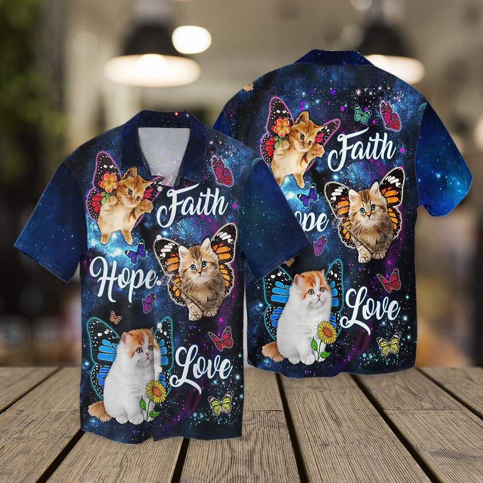 Faith Hope Love Cat 3D Hawaiian Shirt For Cat Lovers, Cat Flying Hawaii Aloha Beach Shirt Short Sleeve HO5036