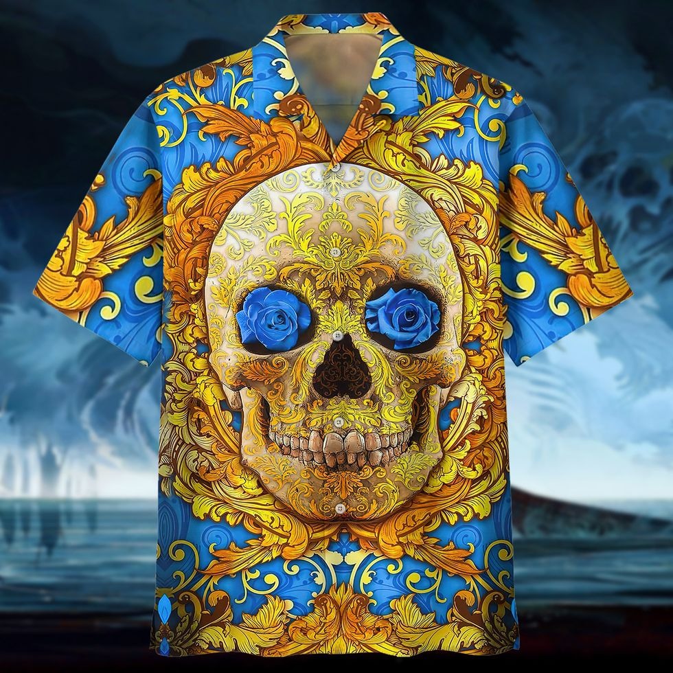 Lasfour 3D Full Printed Hawaiian Shirts With Skull, Blue Flowers Skull Hawaii Aloha Beach Shirts, Skull Hawaiian Shirt HO5140