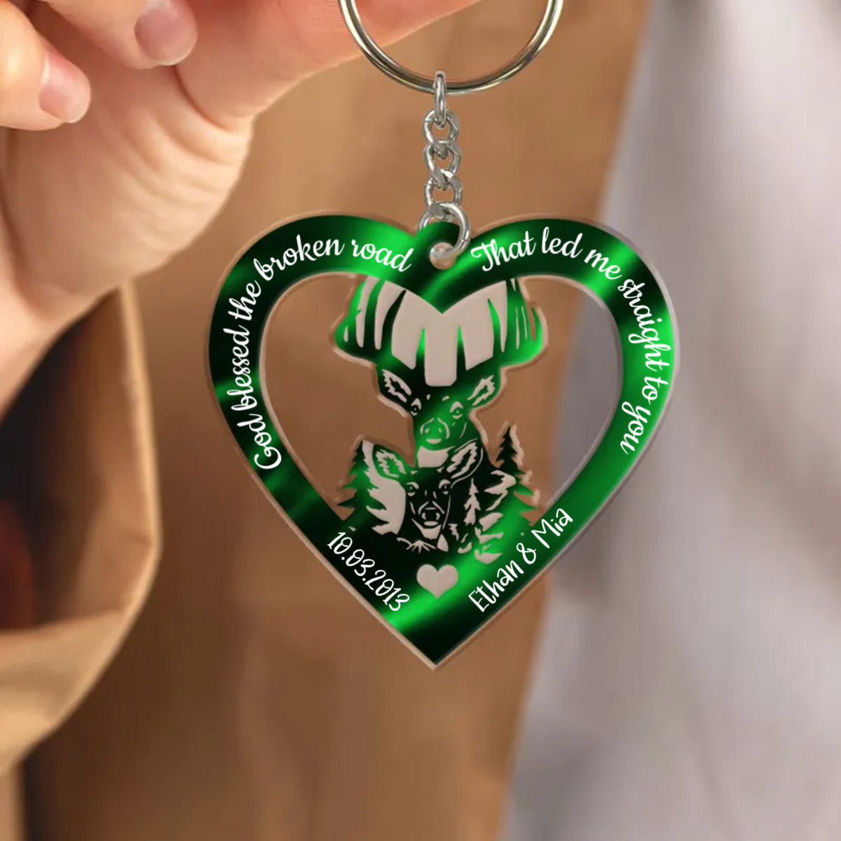 Hologram Heart With Buck And Doe Custom Acrylic Keychain, Personalized Valentine's Day Gift for Him For Her KO0087