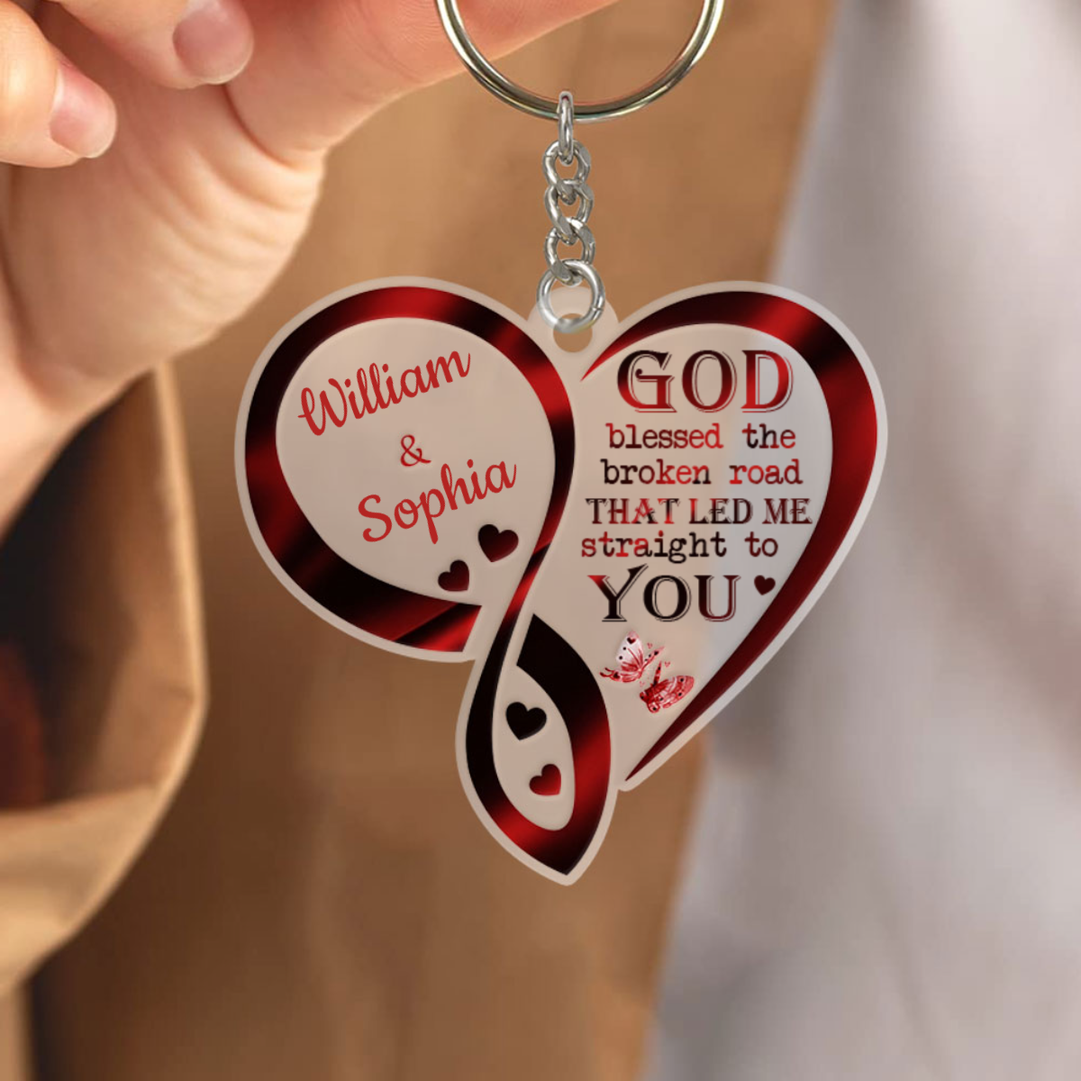 Valentine Gift for Couple, God blessed the broken road that led me straight to you Personalized Acrylic Keychain KO0085