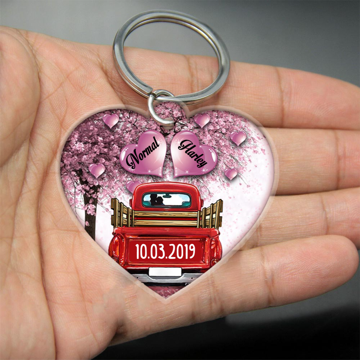 Personalized Couple With Red Truck Under Lovely Tree Acrylic Keychain KO0001