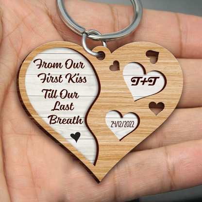 Personalized From Our First Kiss Till Our Last Breath Couple Wooden Keychain, Custom First Letter Name Keychain KO0083