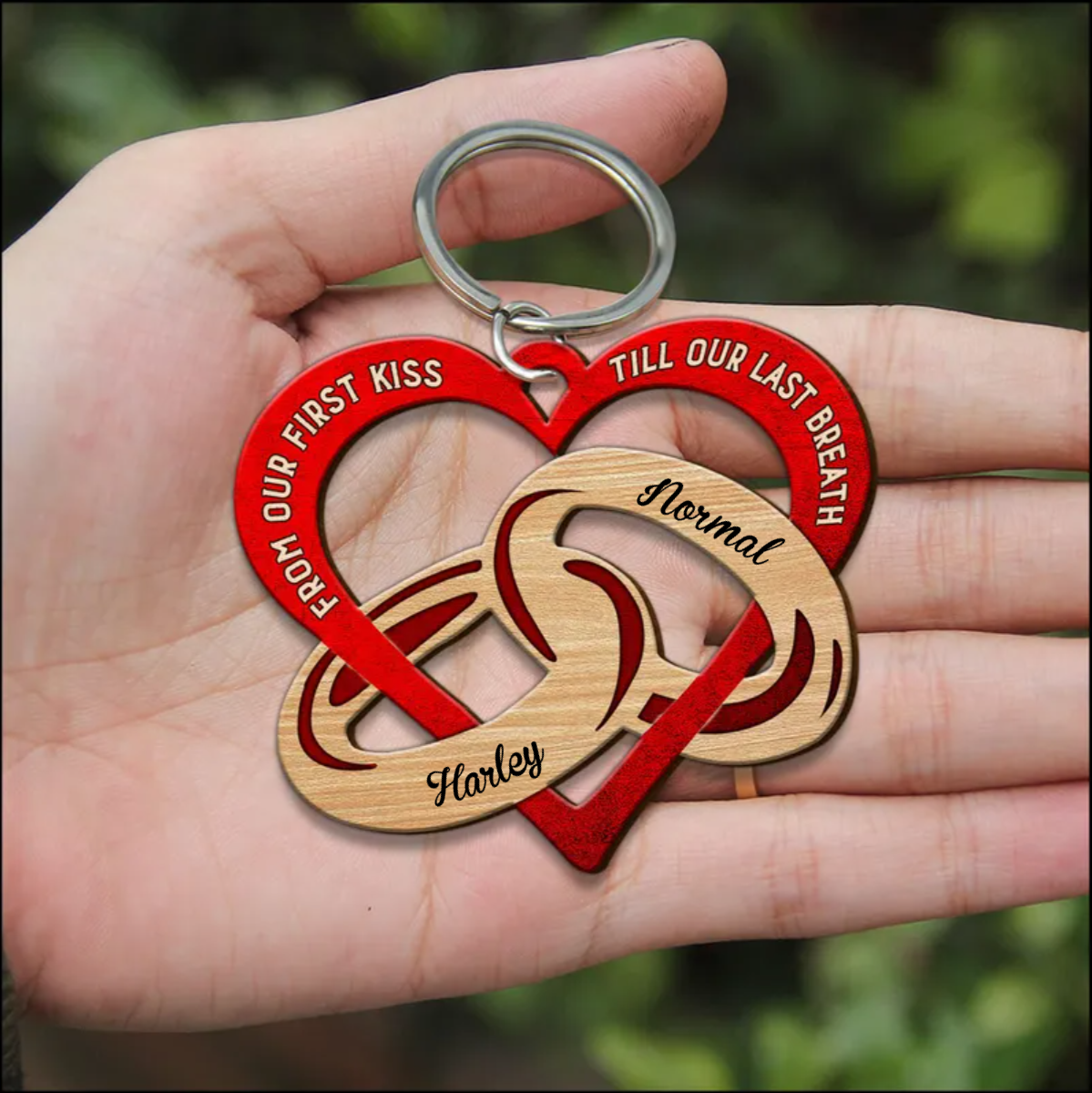 From our first kiss till our last Breath Heart Couple Rings Multi Color Personalized Wooden Couple Keychain KO0078