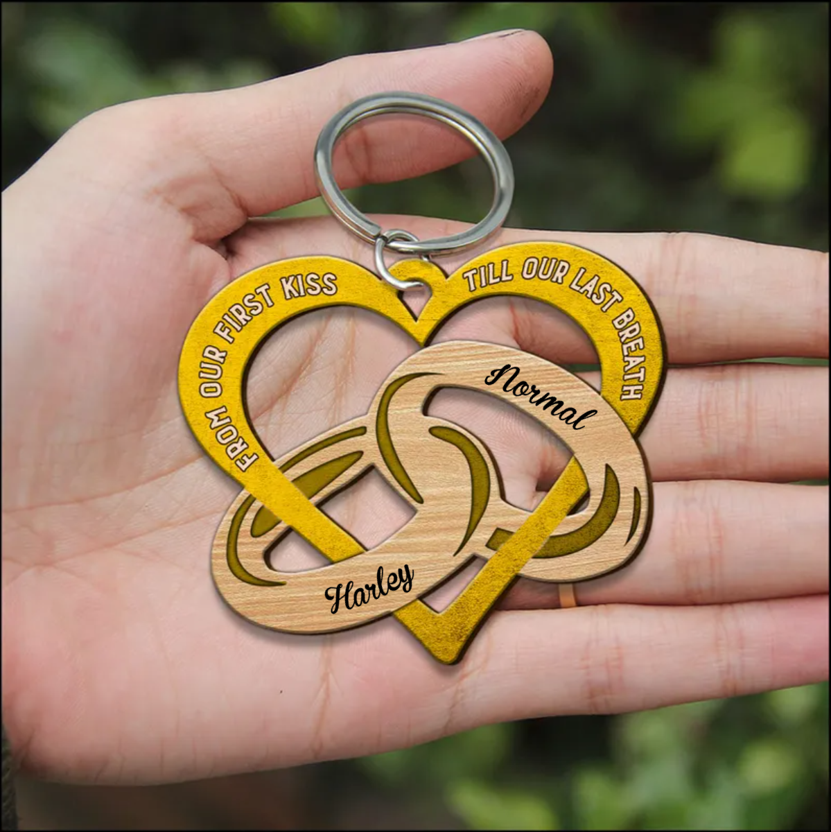 From our first kiss till our last Breath Heart Couple Rings Multi Color Personalized Wooden Couple Keychain KO0078