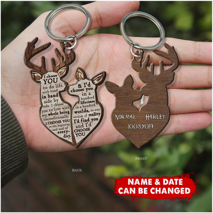 I Choose You Personalized Deer Couple Wooden Keychain, Couple Keychain Two Sides for Him Her KO0075