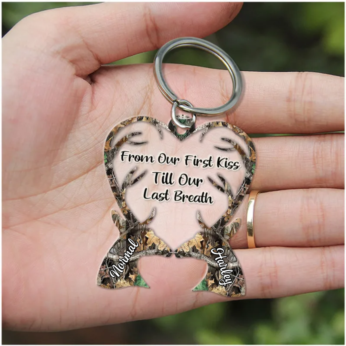 From Our First Kiss Till Our Last Breath Deer Couple Camo Pattern Personalized Acrylic Couple Keychain KO0059