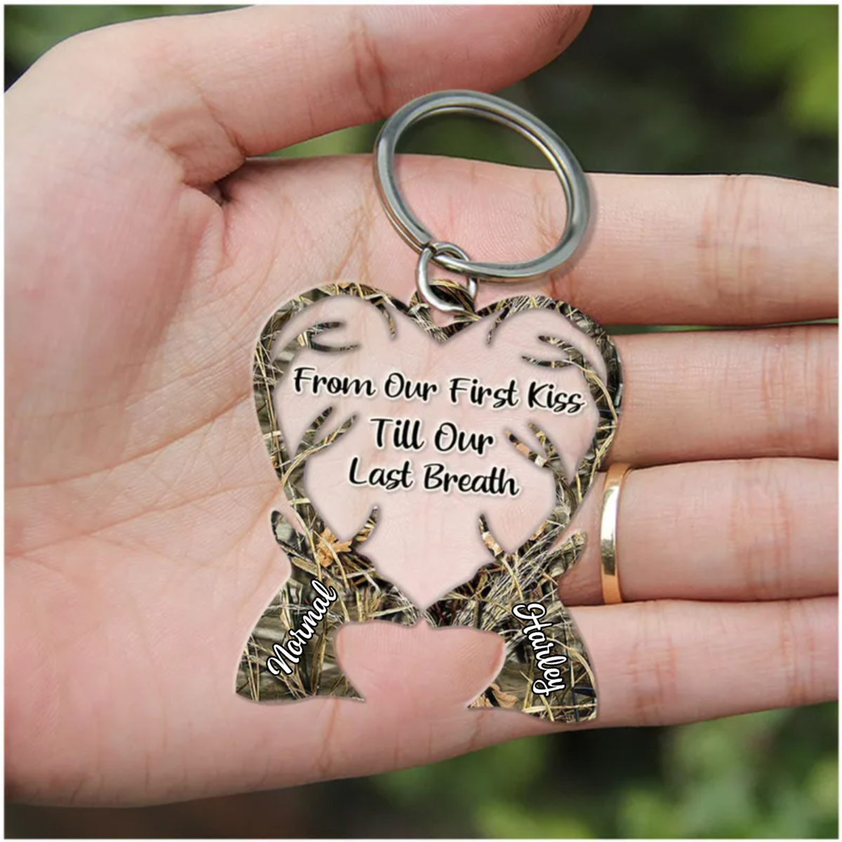 From Our First Kiss Till Our Last Breath Deer Couple Camo Pattern Personalized Acrylic Couple Keychain KO0059