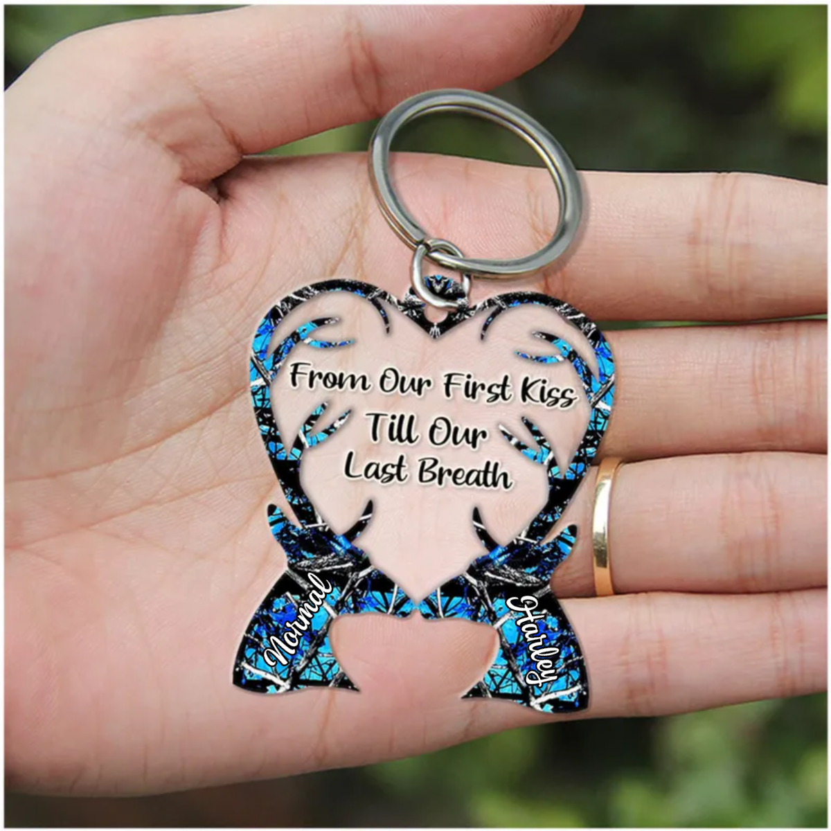 From Our First Kiss Till Our Last Breath Deer Couple Camo Pattern Personalized Acrylic Couple Keychain KO0059