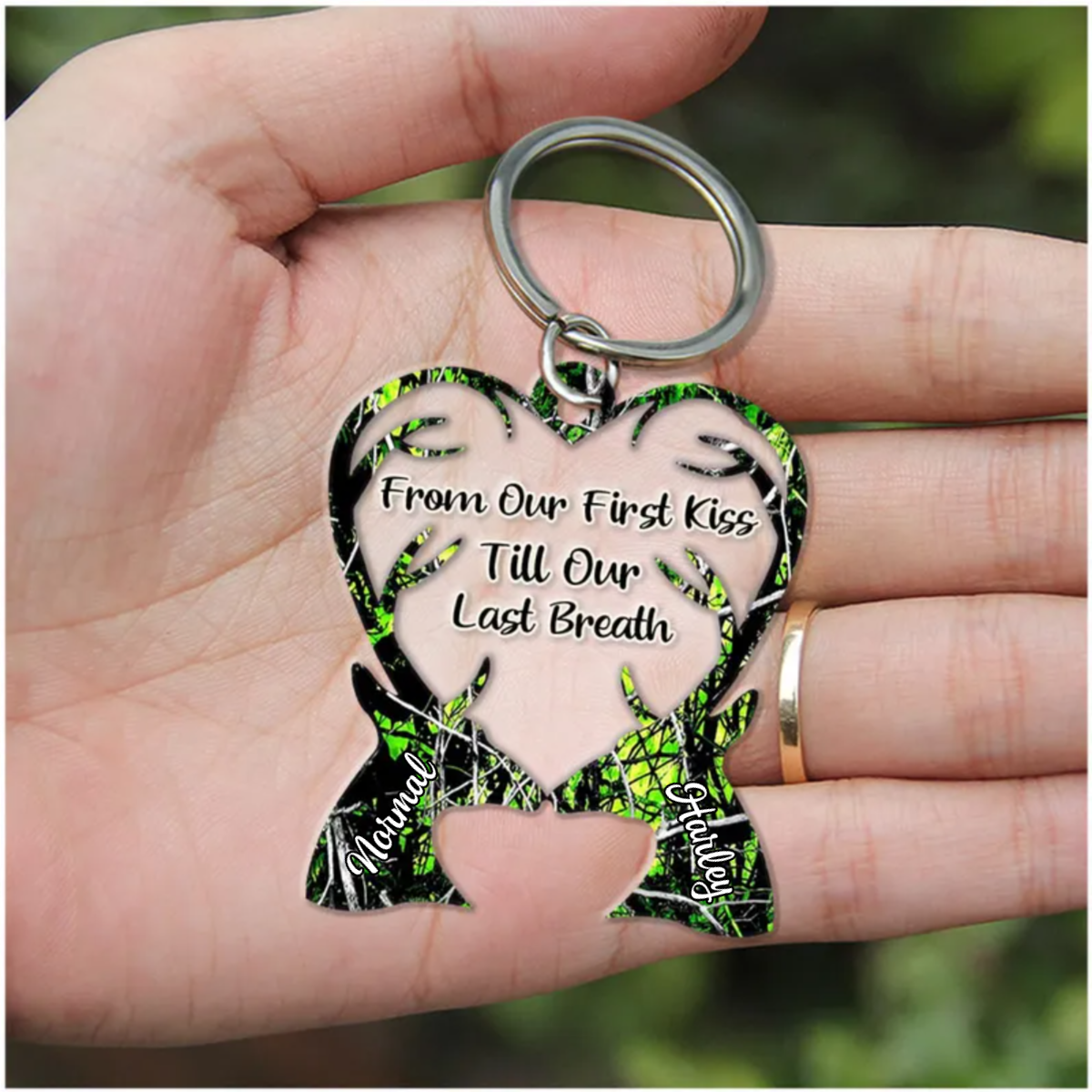 From Our First Kiss Till Our Last Breath Deer Couple Camo Pattern Personalized Acrylic Couple Keychain KO0059