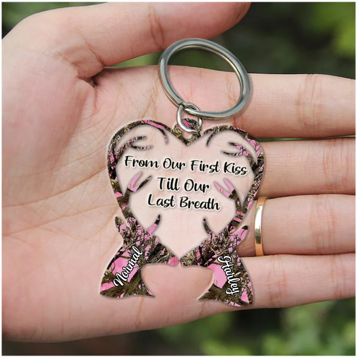 From Our First Kiss Till Our Last Breath Deer Couple Camo Pattern Personalized Acrylic Couple Keychain KO0059