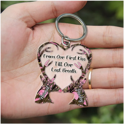 From Our First Kiss Till Our Last Breath Deer Couple Camo Pattern Personalized Acrylic Couple Keychain KO0059