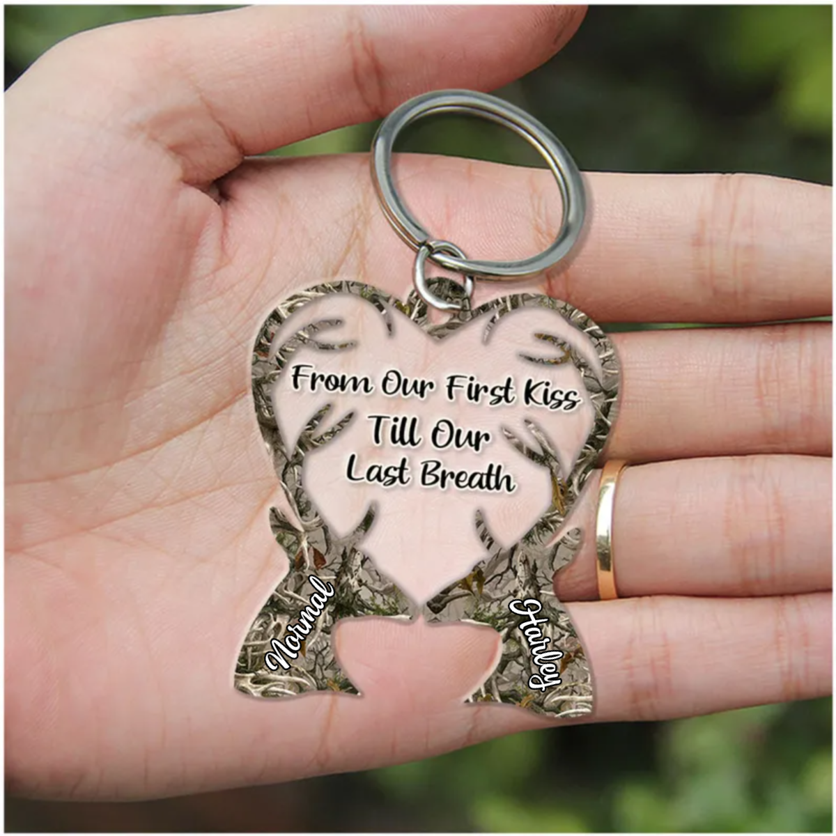 From Our First Kiss Till Our Last Breath Deer Couple Camo Pattern Personalized Acrylic Couple Keychain KO0059