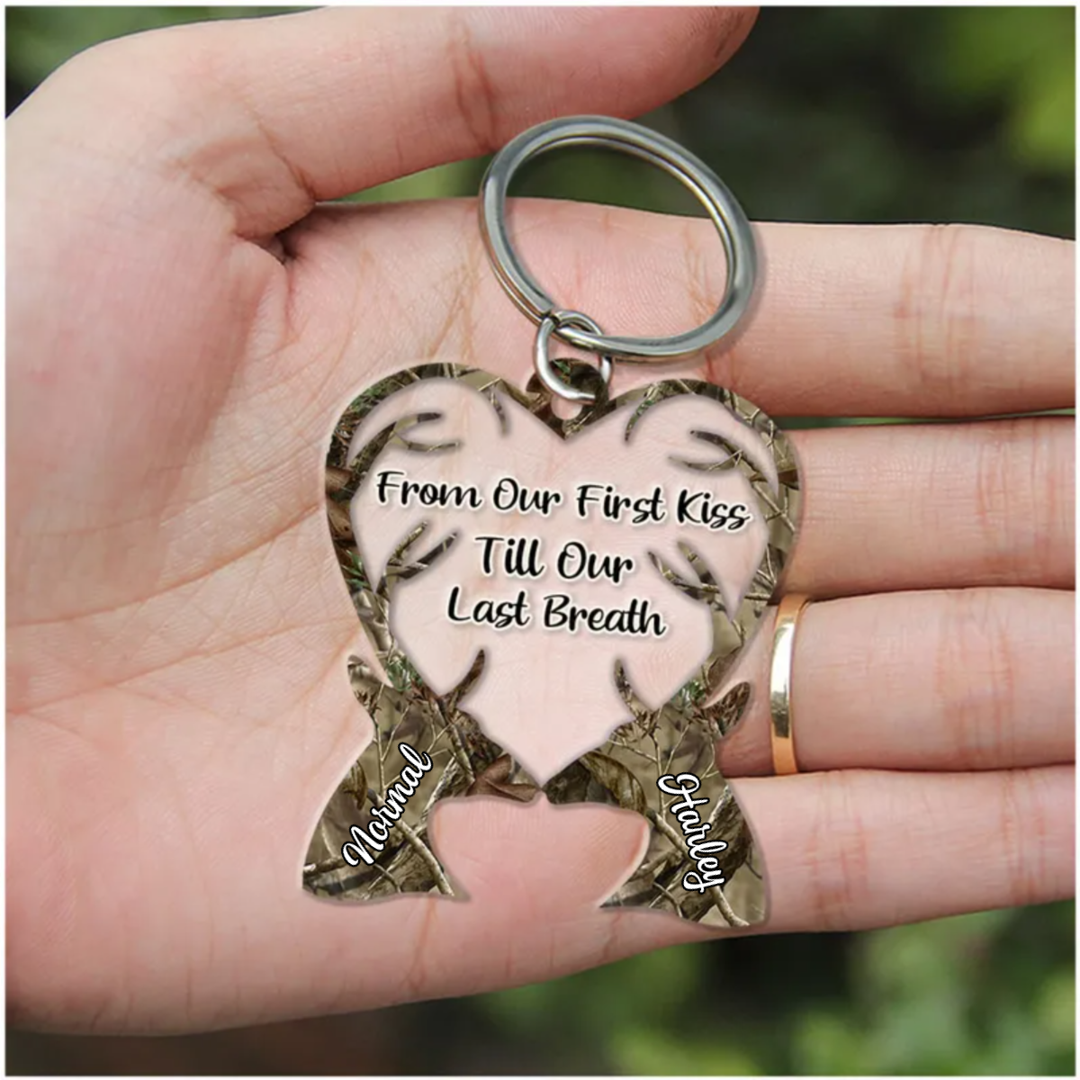 From Our First Kiss Till Our Last Breath Deer Couple Camo Pattern Personalized Acrylic Couple Keychain KO0059