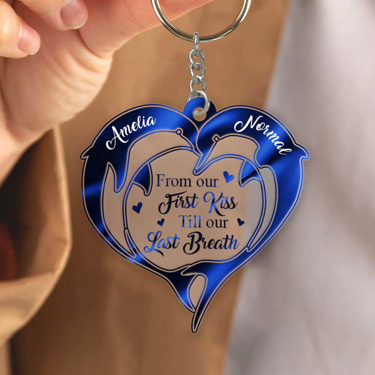 From Our First Kiss Till Our Last Breath Couple Dolphins Personalized Acrylic Keychain KO0055