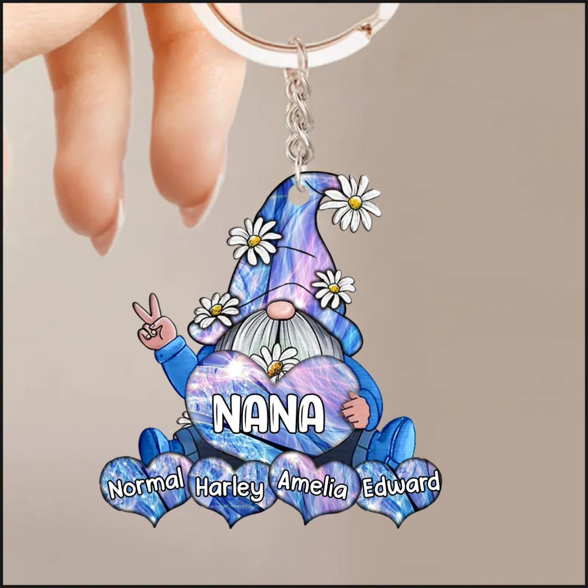 Sparkling Colorful Gnome Grandma- Mom With Sweet Heart Kids Personalized Acrylic Keychain KO0296