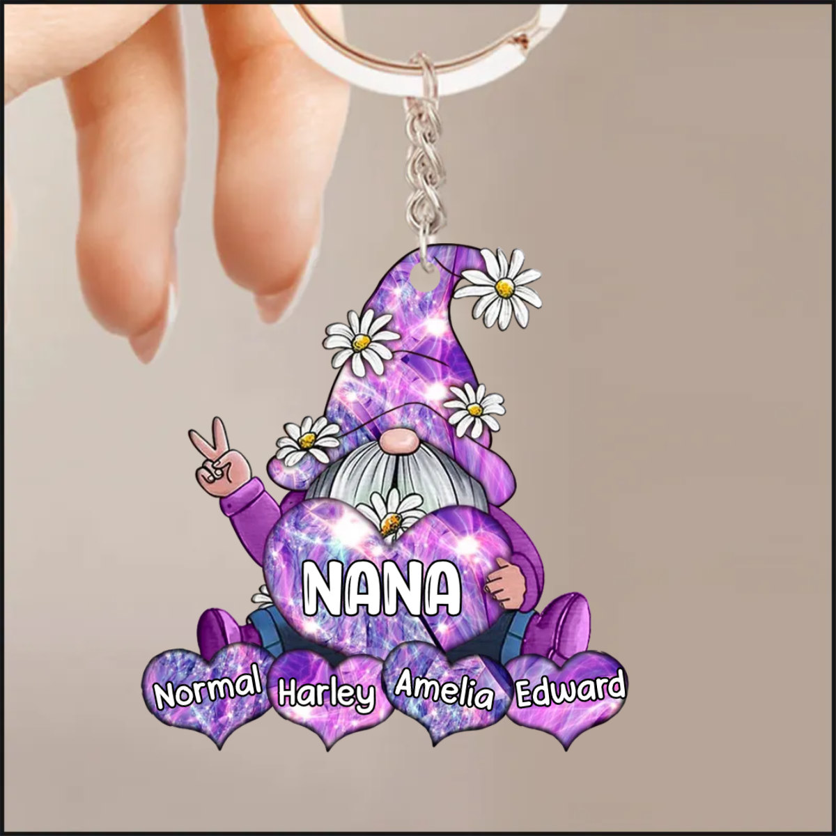 Sparkling Colorful Gnome Grandma- Mom With Sweet Heart Kids Personalized Acrylic Keychain KO0296