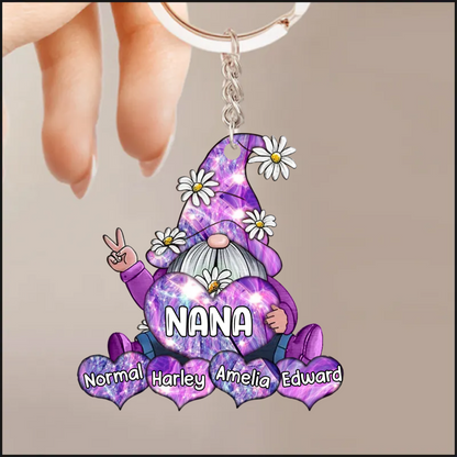 Sparkling Colorful Gnome Grandma- Mom With Sweet Heart Kids Personalized Acrylic Keychain KO0296