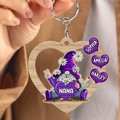 Gnome Heart Grandma- Mom With Grandkids Personalized Mommy, Nana, Grandma Wooden Keychain KO0274