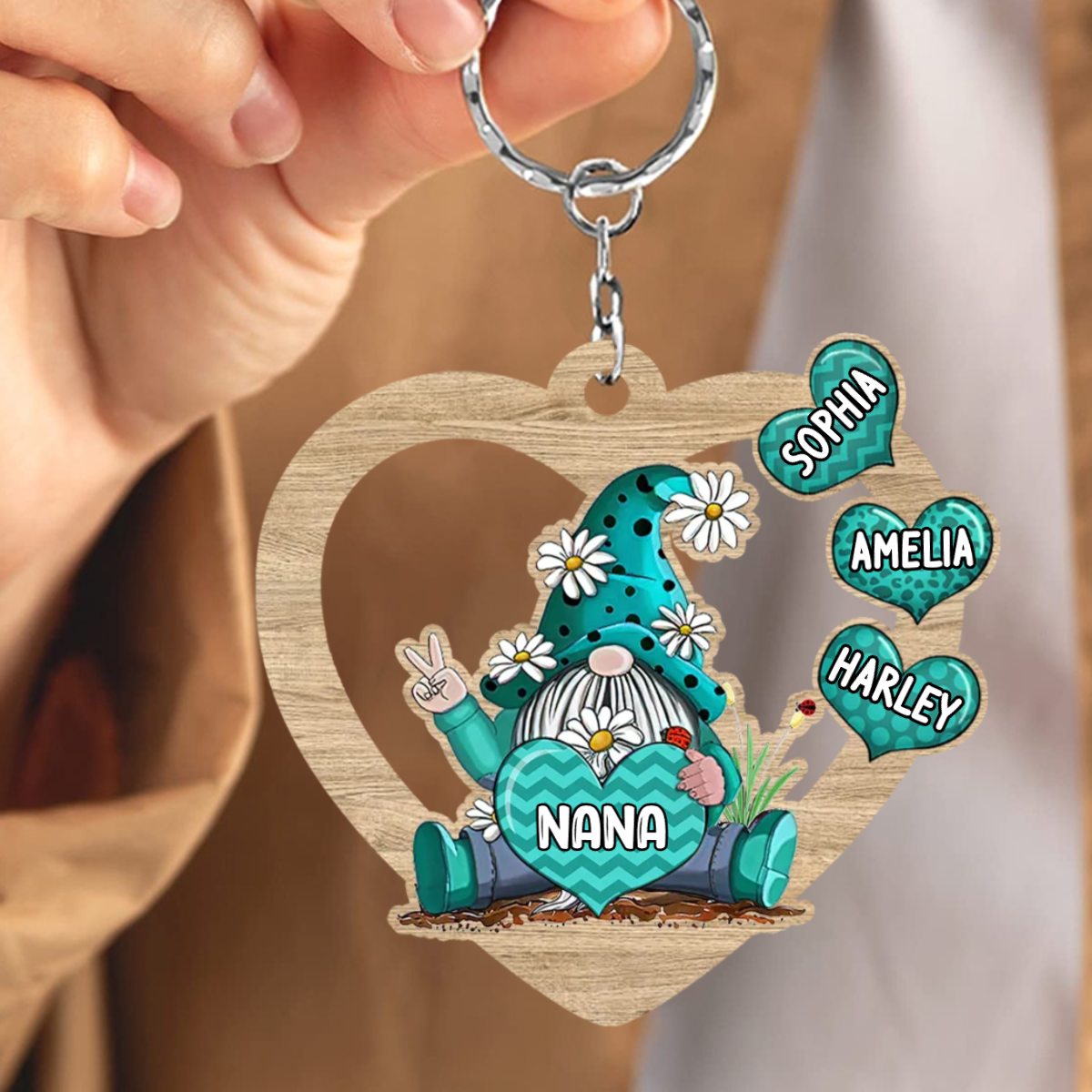 Gnome Heart Grandma- Mom With Grandkids Personalized Mommy, Nana, Grandma Wooden Keychain KO0274